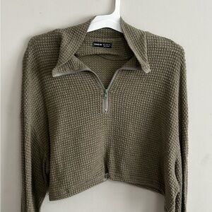 Olive Green Waffle Knit Quarter-Zip Sweater